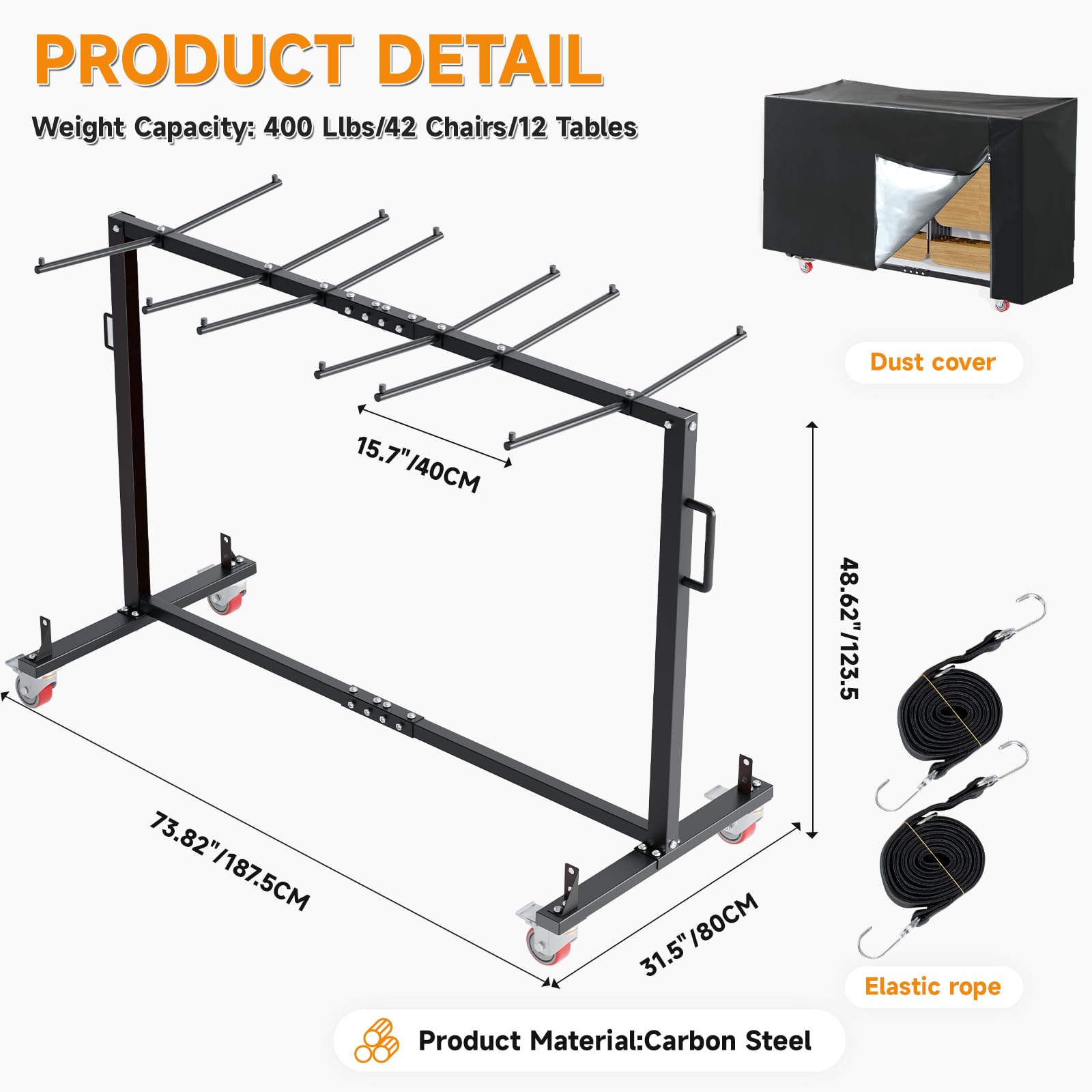 de Almacenamiento de Metal Plegable de Alta Resistencia para 42 sillas Capacidad de 400 lb con Ruedas bloqueables portátil para Es y Fiestas.