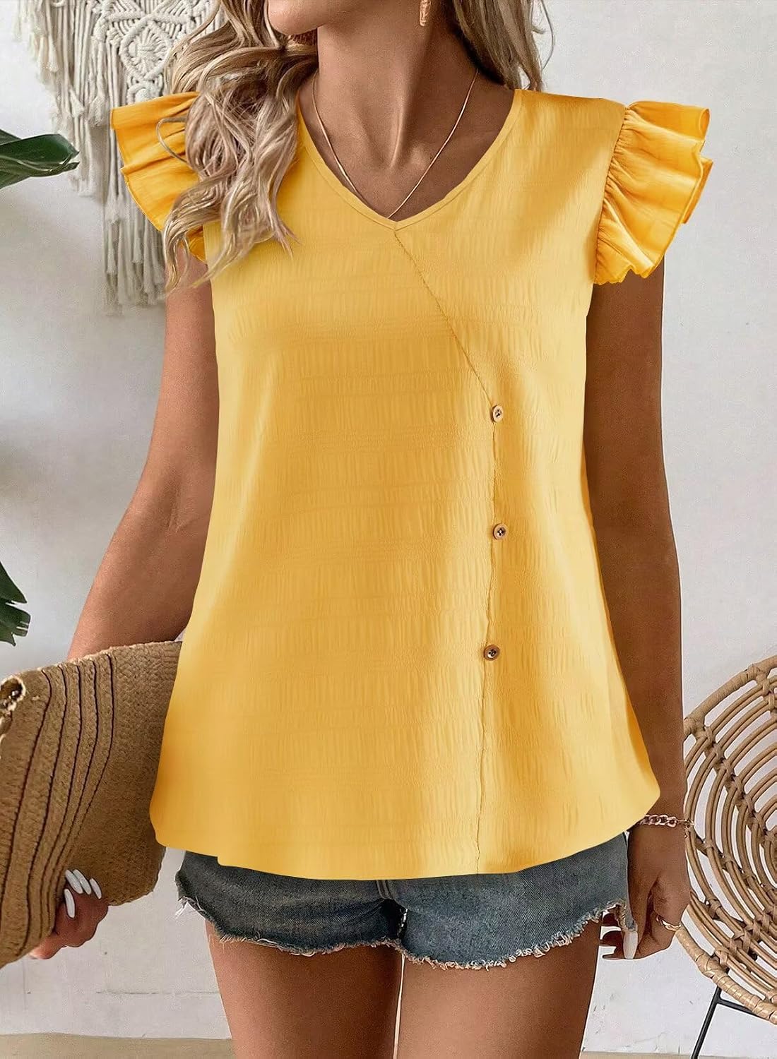Falechay Womens Tops Flowy Ruffle Short Sleeve Blouses for Women V Neck Boho Cute Babydoll Summer Casual Shirts