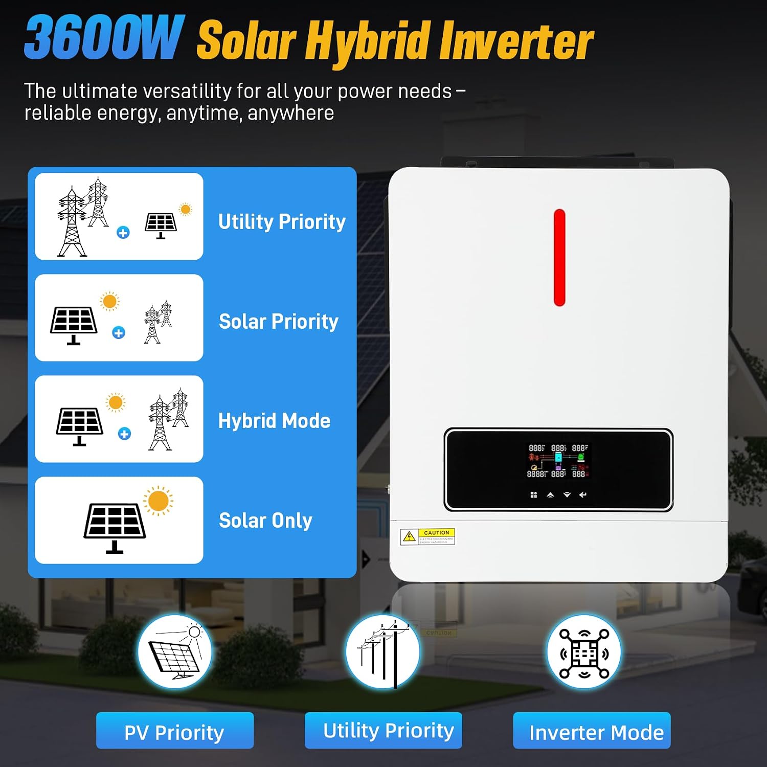 3600W Solar Hybrid Inverter 24V DC to 110V AC with 120A MPPT Controller, Pure Sine Wave Power Inverter, Max.PV Input 4200W Input for Home Backup RV Off-Grid