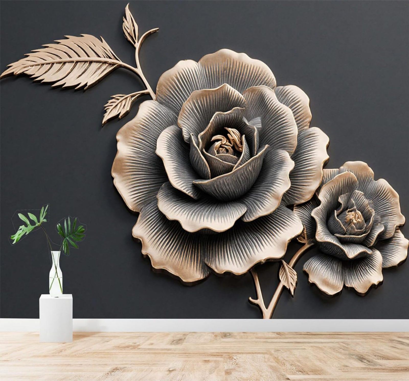 XLMING Metal Roses Art Elegance Golden Texture 3D Wallpaper Silky Texture Home Study Office Grey Dining Room Sofa Bedroom Living Room TV Backdrop-250cm×170cm