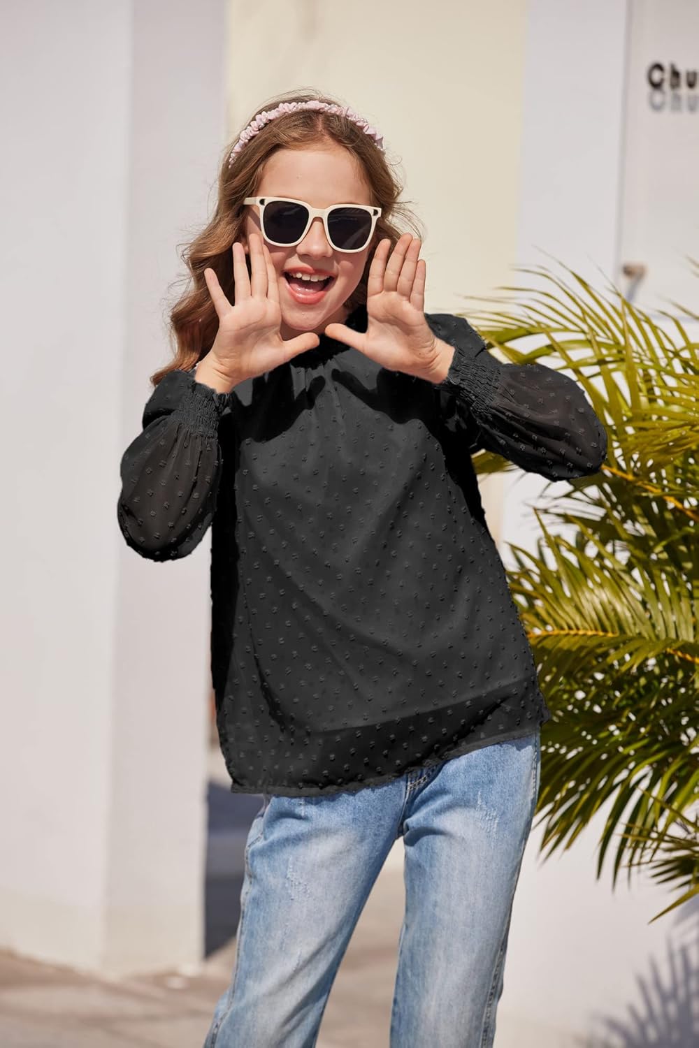 Arshiner Girls Long Sleeve Shirts Chiffon Blouses Swiss Dot Frill Neck Casual Loose Cute Top Tee - Image 3