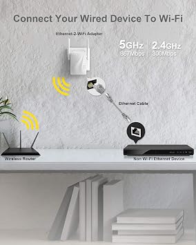 BrosTrend AC1200 WiFi to Ethernet Adapter, 1200Mbps Dual Band Universal Wireless Bridge for Printer, Smart TV, Blu-Ray Player, PlayStation, Xbox, etc, WPS Easy Setup, Connect a Wired Device to Wi-Fi