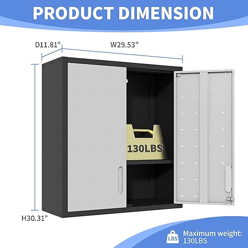 Vista 91 de Armario de almacenamiento de metal con estantes ajustables, armario de herramientas de garaje con 2 puertas con cerradura para oficina, hogar