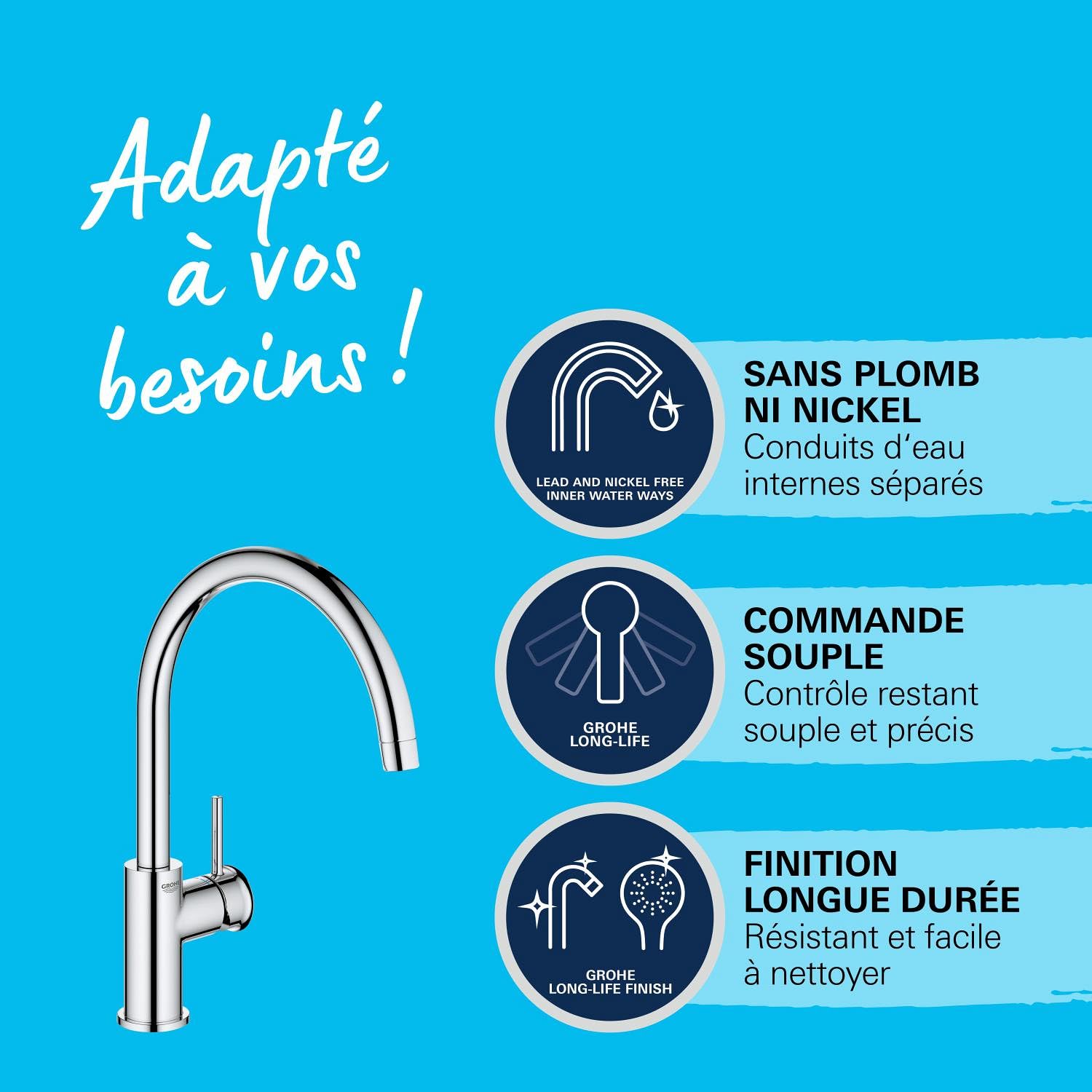 GROHE Robinet de cuisine évier Start, bec haut, rotation bec 360°, robinet installation et nettoyage facile, conduit sans plomb et nickel, chromé, 31553001 (Import Allemagne)