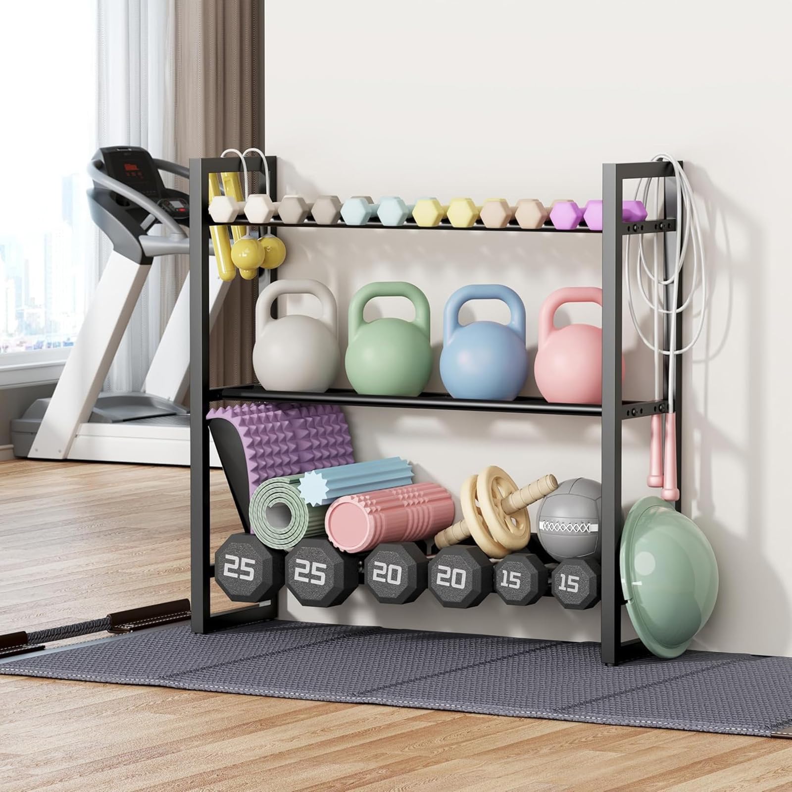 3-poziomowy metalowy stojak na hantle, oszczędność miejsca, przechowywanie hantli, kettlebellów, mat do jogi i piłek do ćwiczeń, wszechstronna domowa siłownia i półka treningowa