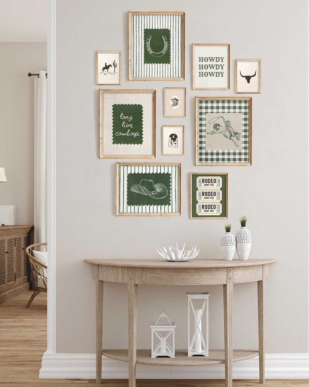 Vodefoad Western Prints, Boys Room Wall Art Canvas Print Set of 10, Vintage Cowboy Gallery Wall Set, Green Gingham Stripe Nursery Poster Decor Retro Rodeo Aesthetic- Unframed image 3