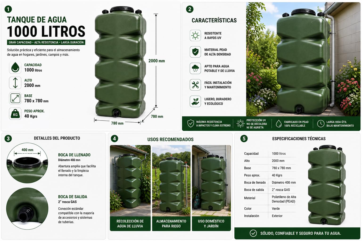 Deposito Agua Potable Modular | Deposito Agua 1000 litros Polietileno HDPE Apto Consumo Humano | Boca 400 mm y Salida 2” Rosca Gas | Uso Alimentario | Resistencia y Seguridad