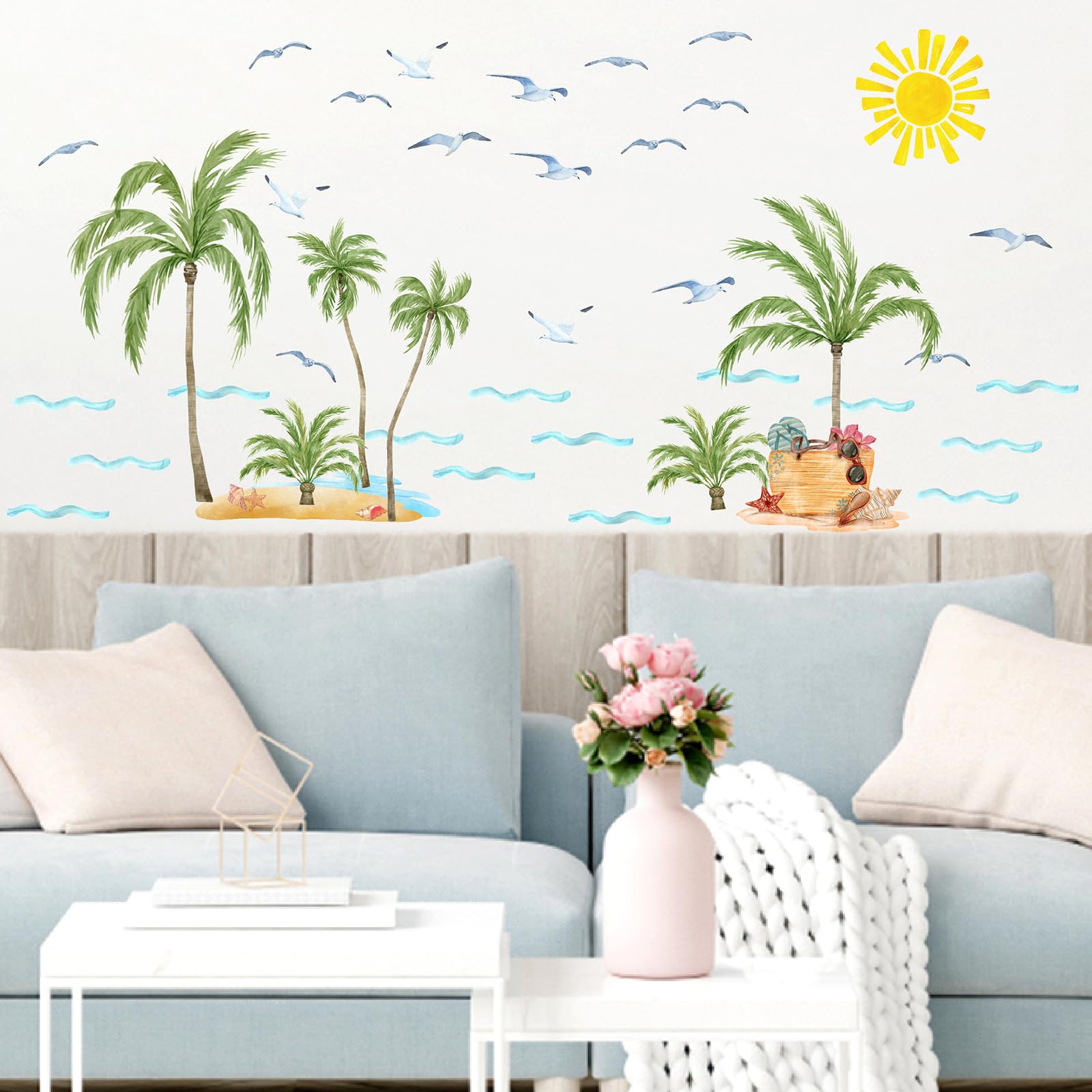 MOSITU Palm Tree Wall Stickers 47 Pcs Large Tropical Coconut Watercolour Sun Seagull Waves Beach Decals Removable Vinyl for Bedroom Living Room Spring Summer Decor - Image 3