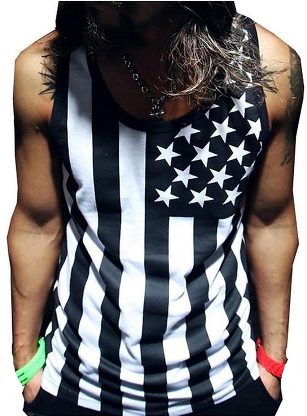 Our Precious Mens American Flag Print Wave Tank Top Vest Tee Shirt
