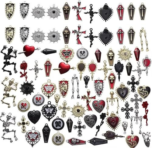 YEYULIN 64 dijes barrocos surtidos de oro negro y rojo con diseño de calavera esmaltada de ataúd con cruz de Halloween para aretes collares pulseras