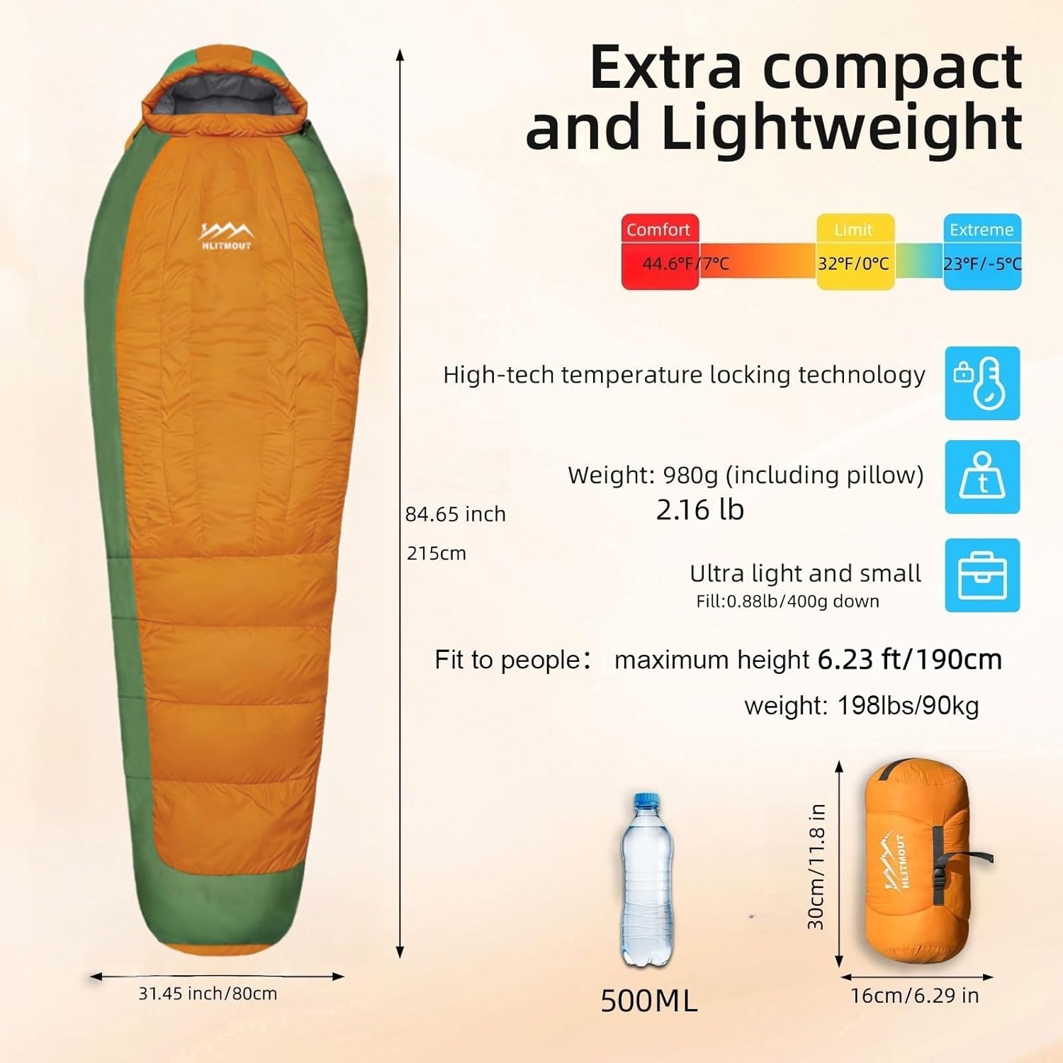 Ultralight Down Sleeping Bag with Pillow,only 2 lbs Compact Mummy Sleeping Bag with 680FP Duck Down for Adults,Kids,Teens Camping and Hiking Outdoor 3~4 Seasons