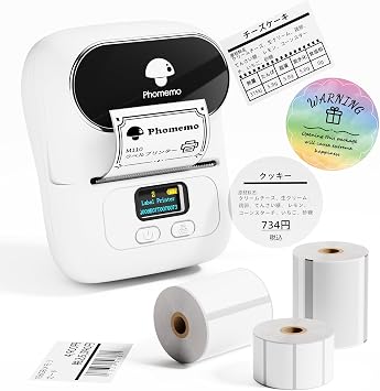 Phomemo M110 Label Writer Set, Smartphone Compatible, Label Printer, Heat Sensitive, Main Unit + 3 Rolls of Labels, Price Label Printer, Commercial Printer, Label Maker, Thermal Printer, Seal Printer, Barcode Puller, Mobile Printer, Bluetooth Connection, Price Tags, Food Displays, Packaging, Wrapping, DIY Labels, Refrigerator Storage, Android and iOS Compatible, White