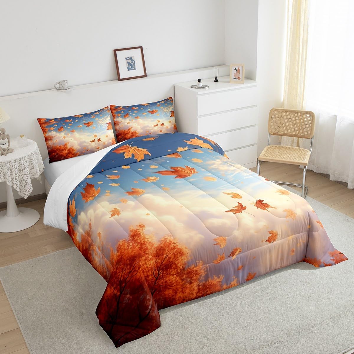 Feelyou Maple Leaf Comforter Set Twin Autumn Bedding Set for Kids Nutrue Theme Comforter Women Men Sky Cloud Quilt Set 2Pcs
