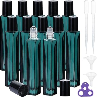 Yebeauty Square Perfume Rollerball Empty, Mini Roller Ball Container for Deodorants, Perfumes and Lip Balms Green Glass, 0.34oz, 12 Pack Roller on Bottles, 1 Opener, 2 Funnels, 2 Droppers