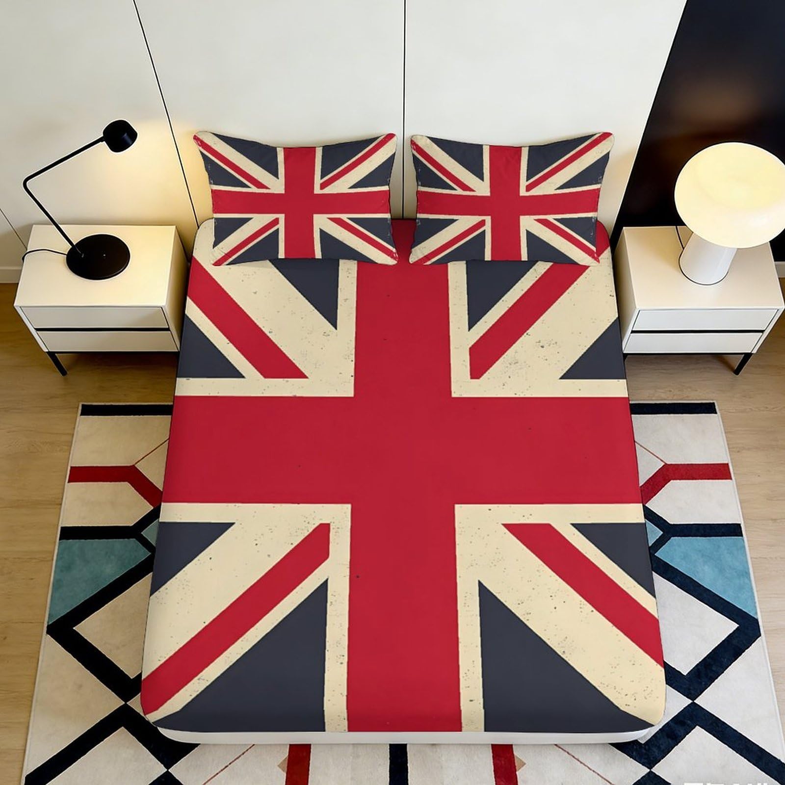 3D Printed Union Jack Fitted Sheet Microfiber Soft Non-slip British Flag Bed Cover for Bedroom Guest Room Decor 90x200x25cm