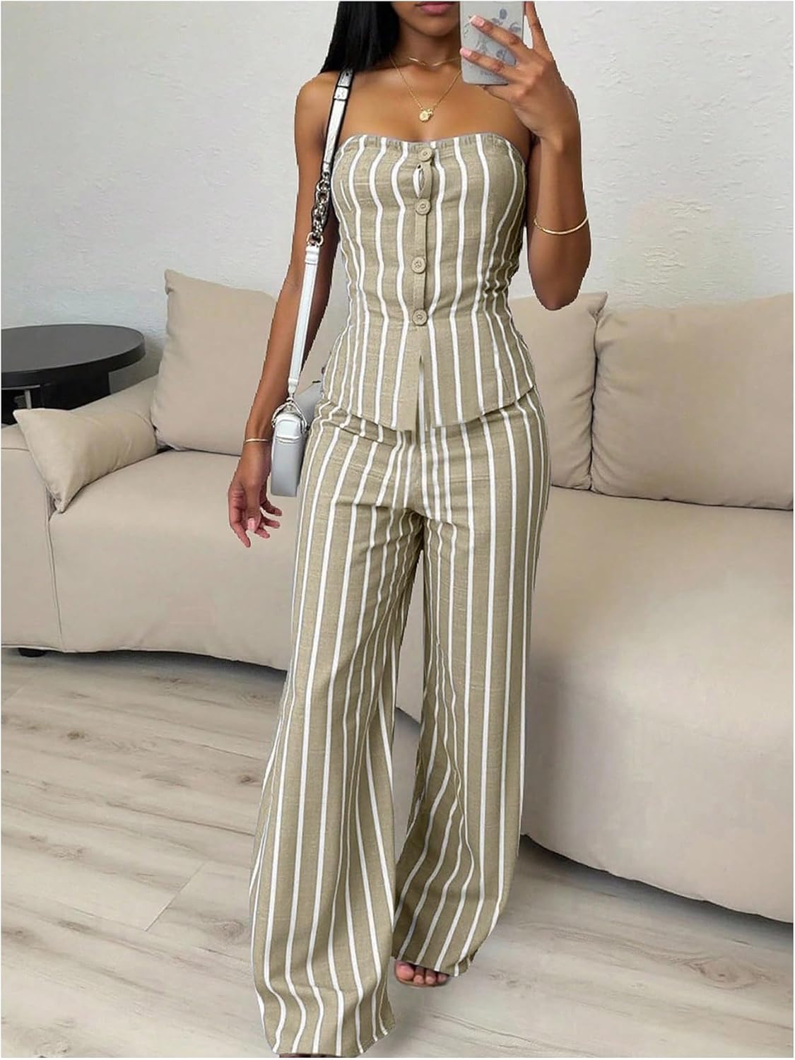 SOLY HUX Women's 2 Piece Outfit Striped Button Down Strapless Tube Top and Wide Leg Pants Set