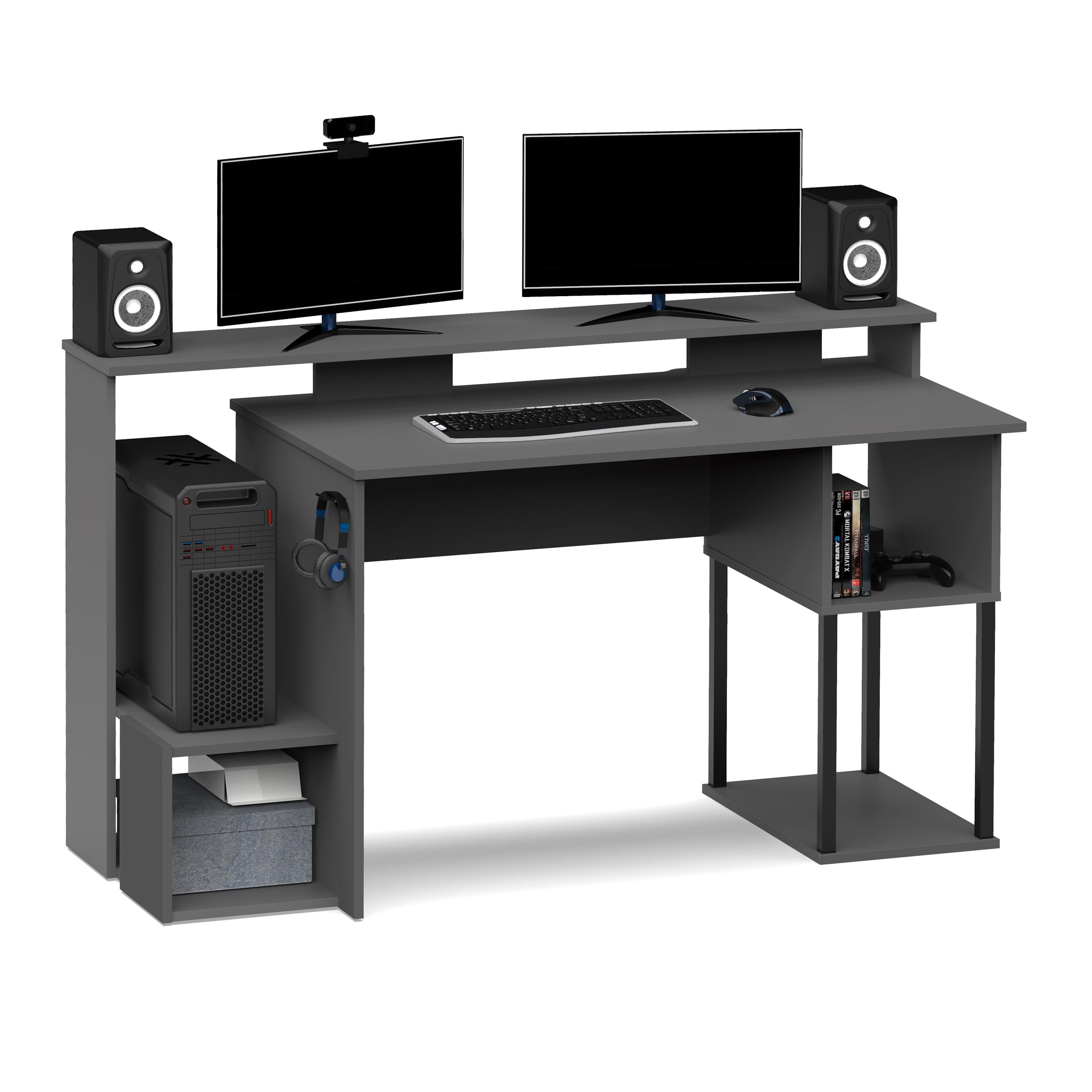 Mesa Gaming con Gancho para Auriculares, Curva pasacables, Altillo para monitores, Mesa de Ordenador para Oficinas, Escritorio, Gris, 89,5x150x67cm (Alto x Ancho x Fondo) Moderna Modelo Neru