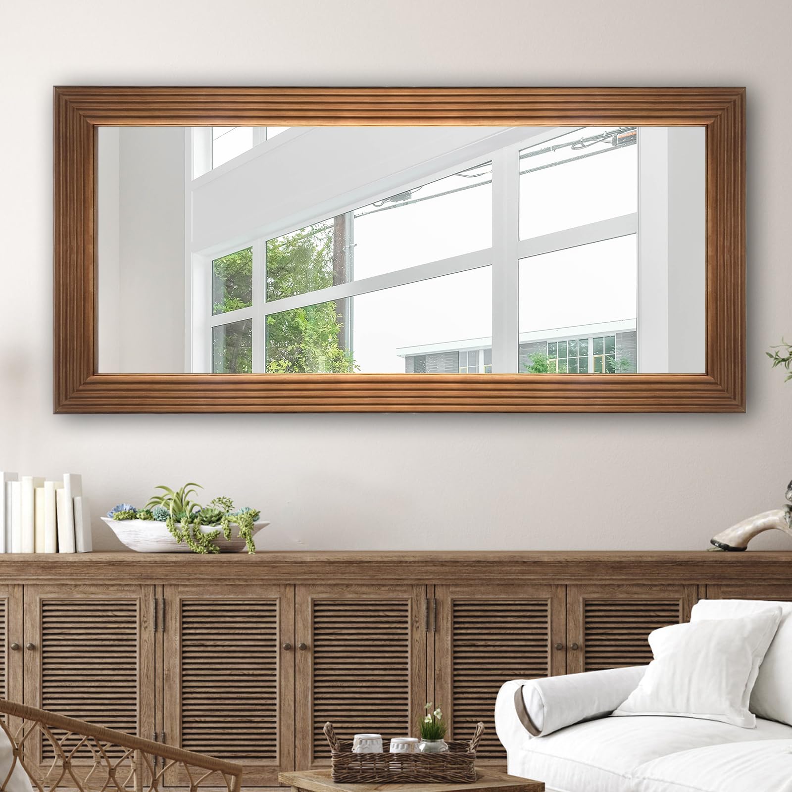 DAOYIJIAJU Wood Bathroom Mirror, Large Wooden Wall Mirror
