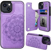 MMHUO for iPhone 15 Case with Card Holder, Flower Magnetic Back Flip Case for iPhone 15 Wallet Case for Women, Protective Case Phone Case for iPhone 15,Purple