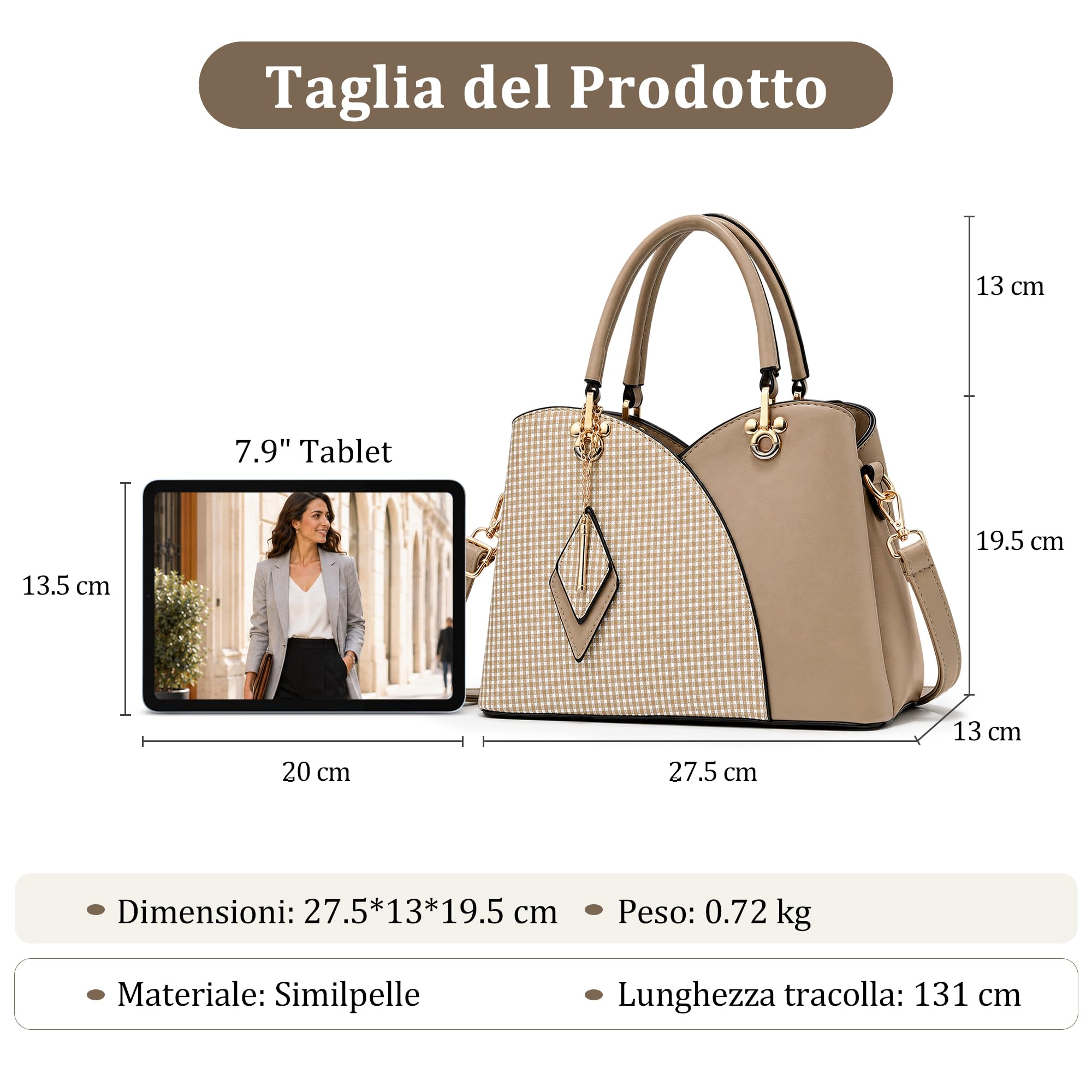 Borsa a Mano Donna Moda Scozzese Borse a Tracolla PU Pelle Borsetta con Ciondolo Rhombus per Shopping Partito Lavoro