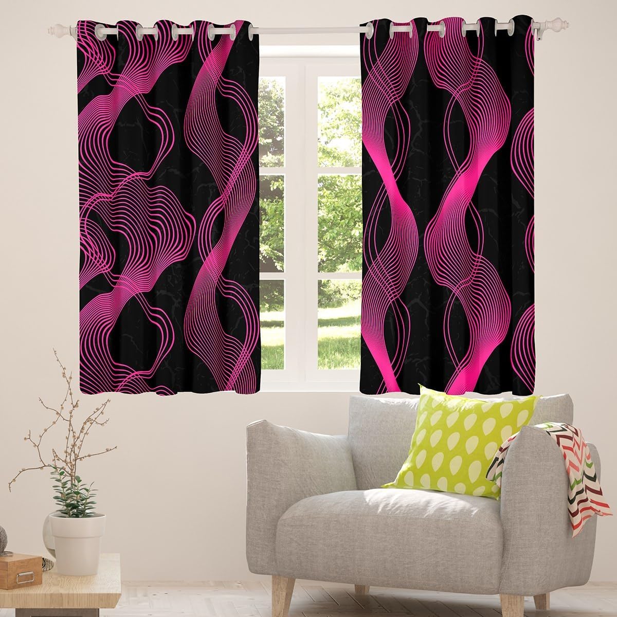 Feelyou Stripes Lines Darkening Drapes Kids Abstract Art Curtains Boys Girls Room Decor Ombre Hot Pink Black Blackout Curtains Stripes Geometric Window Treatments (2 Panels, 52 x 63 Inch)