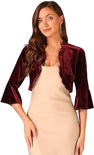 Velvet Shrug Top for Women's 3/4 Sleeve Open Front Ruffled Cocktail Party Cropped Cardigan - Buy now