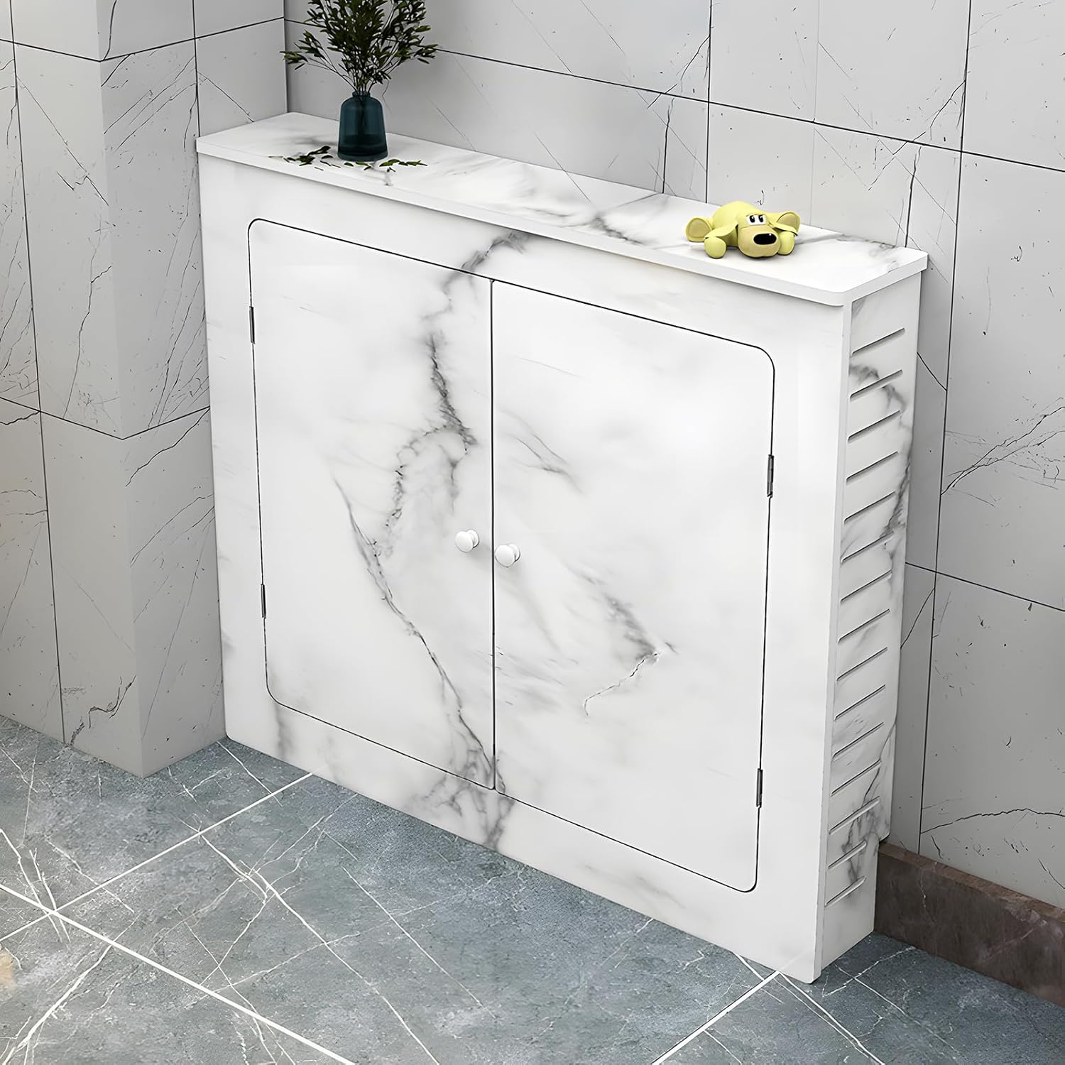 Marble Finish Radiator Cover, Radiator Covers for Home with Doors, Radiator Cover Shelf with 3 Sides, Waterproof, Flame Retardant, Heater Covers for Radiators for Living Room Bedroom Bathroom