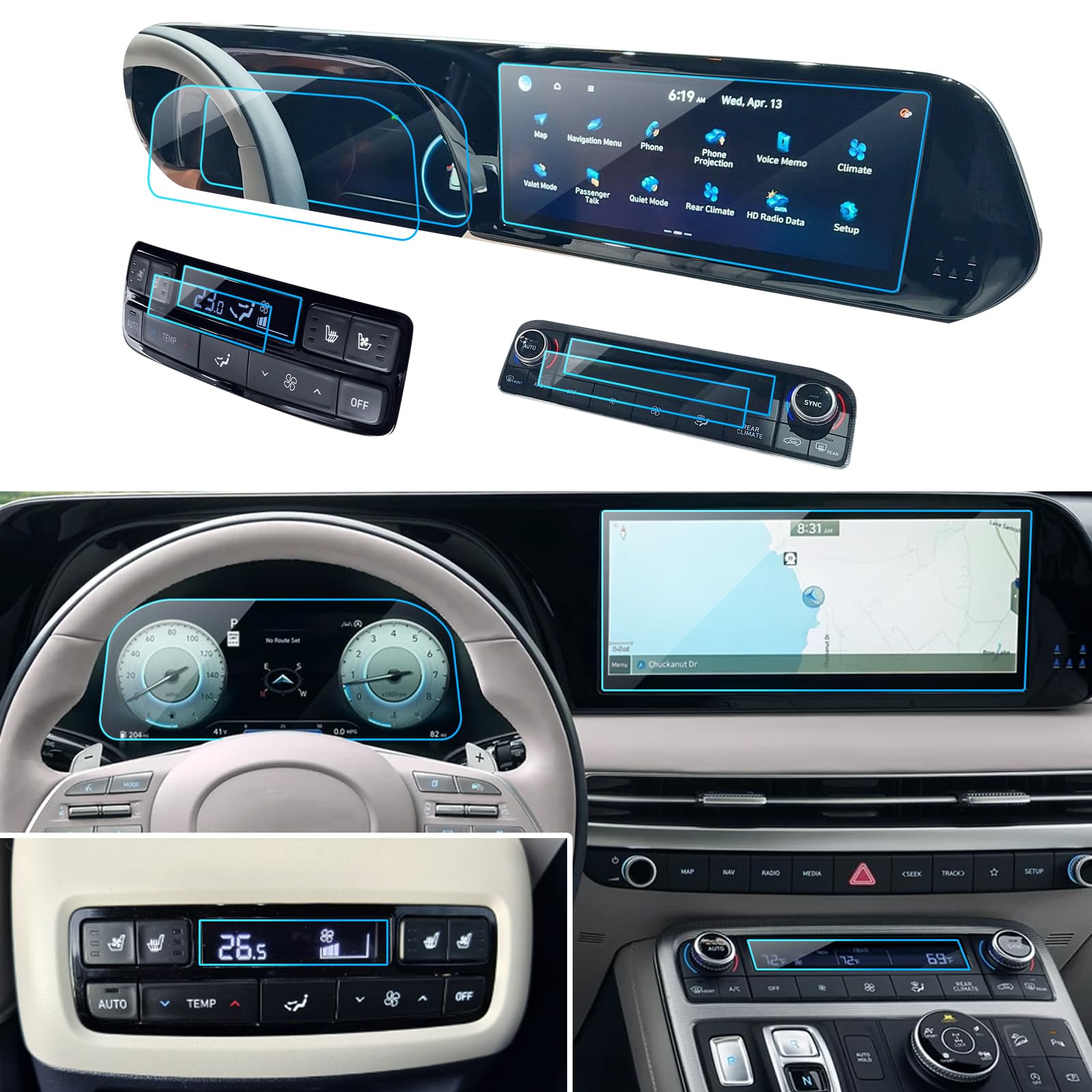 LANTU 7PCS Car Screen Protector for Hyundai Palisade SE, SEL, XRT, Limited, Calligraphy 2023 2024 2025 Accessories Navigation& Instrument& AC& Rear Row Climate Screen Protector Tempered Glass 12.3''