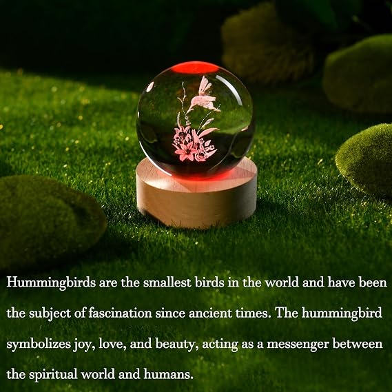 IFOLAINA 3D Hummingbird Crystal Ball Ideal Gifts for Women Friends Lovers | 2.36 Engraved Hummingbird Glass Sphere Decorative Globe with Wooden Light Base Hummingbird Lamp Decor for Room