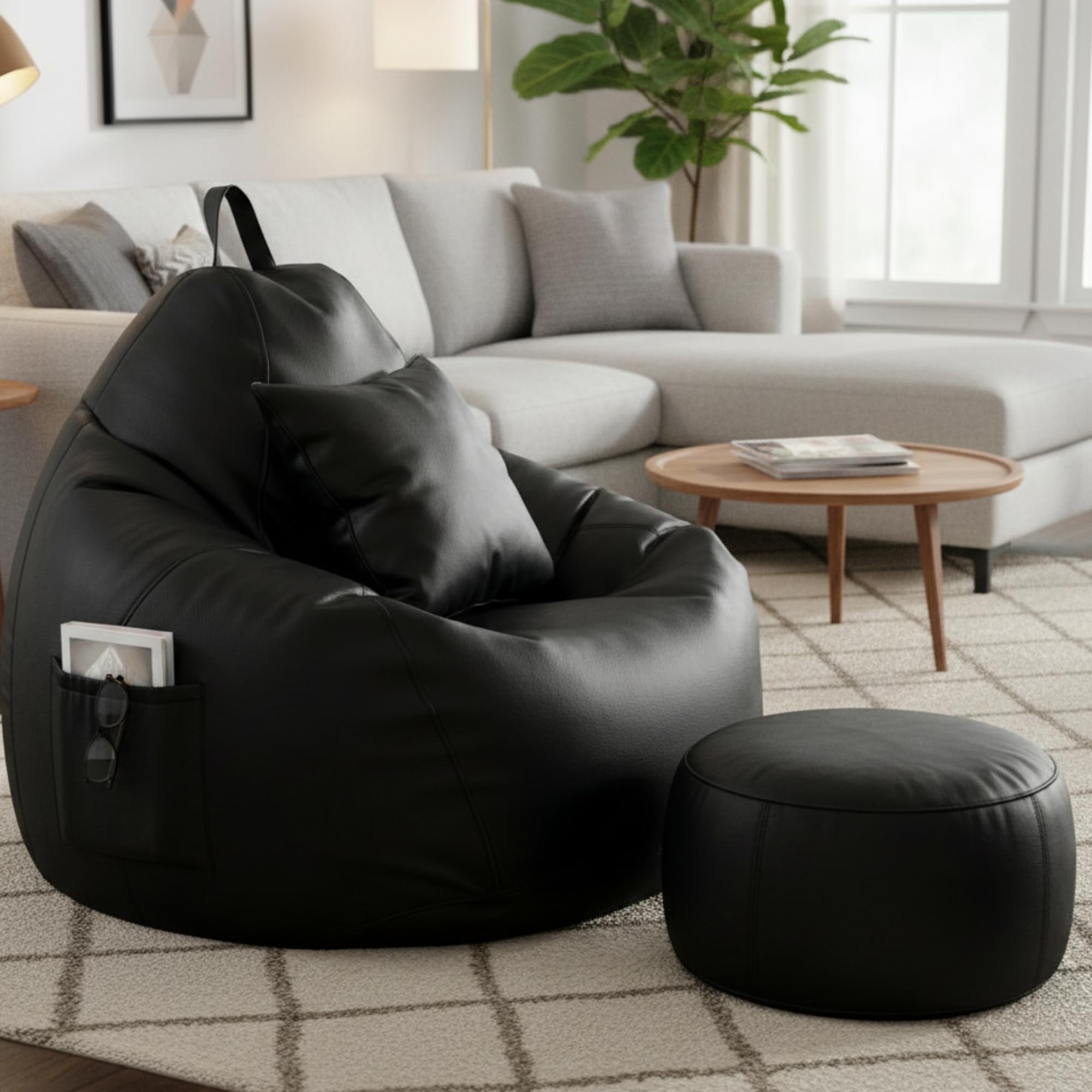 KAM'S LIEU 6XL Luxury Faux Leather Bean Bag with Footrest & Cushion | Pre-Filled High-Density Polystyrene Beans | Premium Leatherette |Teardrop Handle Design | 6 Months Warranty Color- Black discount deal
