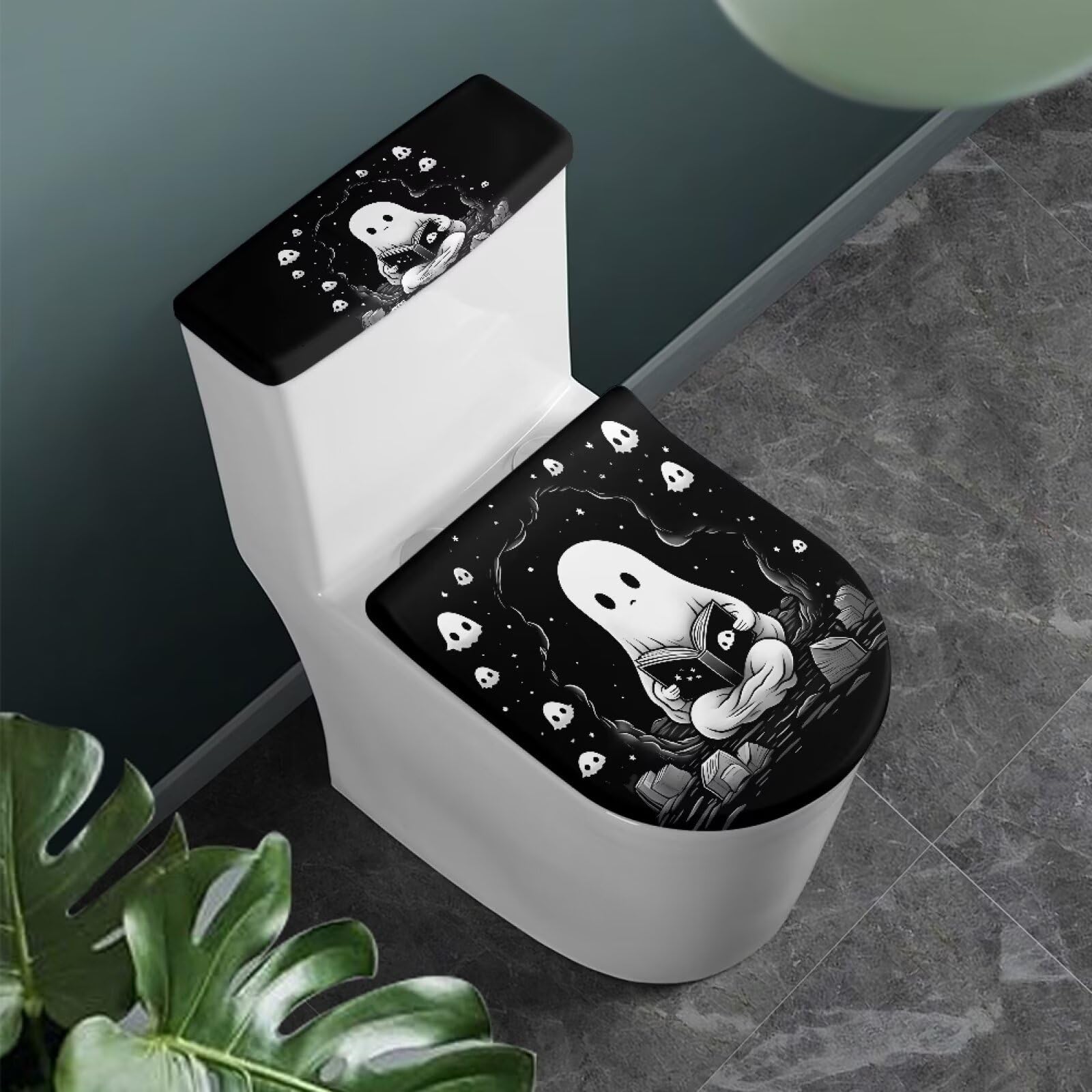 Generic Toilet Cover Seat Polyester Fabric Toilet Protector Cover Dustproof Elastic Edges 2pcs Seat Covers Toilet Seat Cover Set Universal for Most Toilet Bowl Lids (Ghosts)