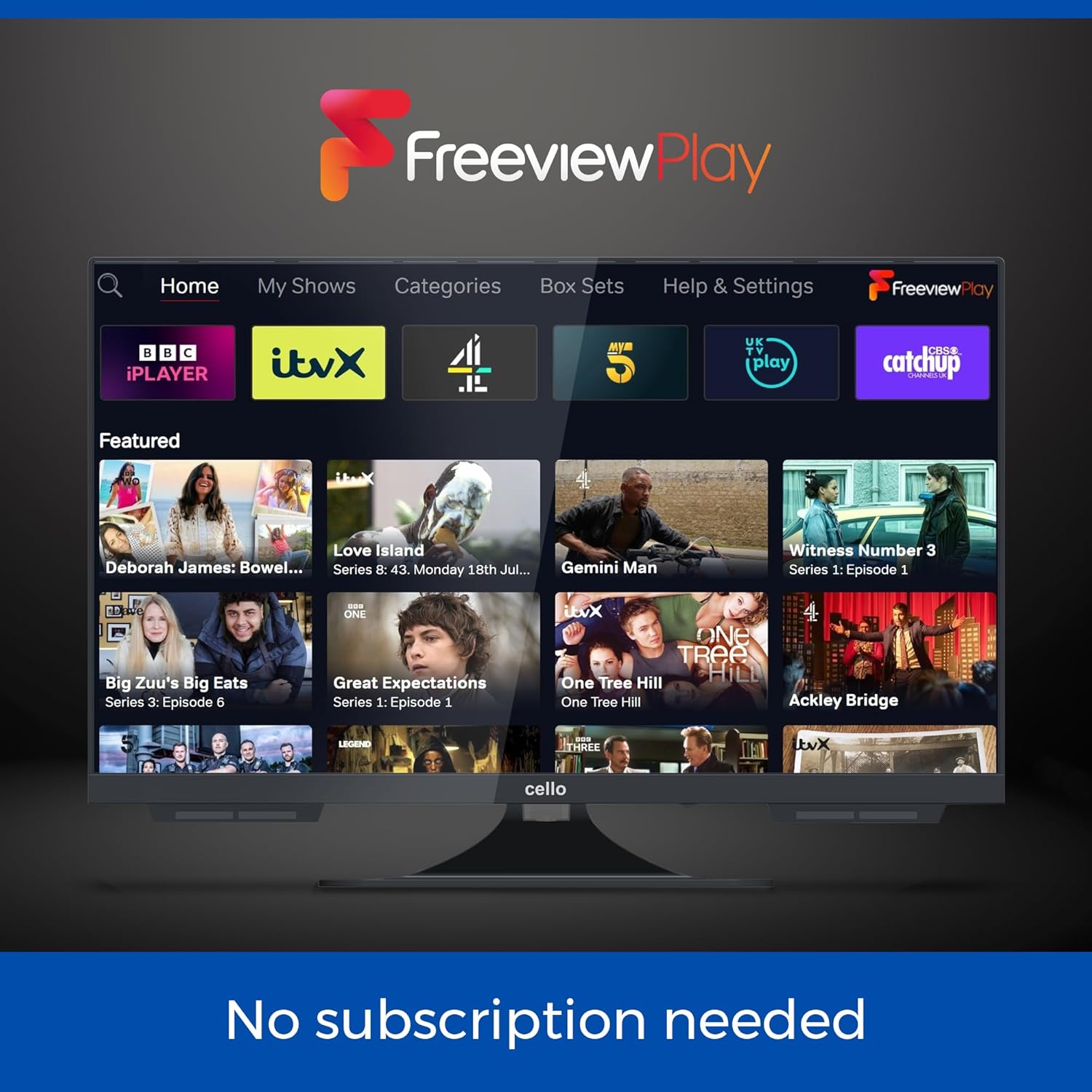 સેલો C2224WSF ટીવી મફત પ્રદર્શિત કરે છેview વિવિધ કેચ-અપ ટીવી વિકલ્પો સાથે પ્લે ઇન્ટરફેસ