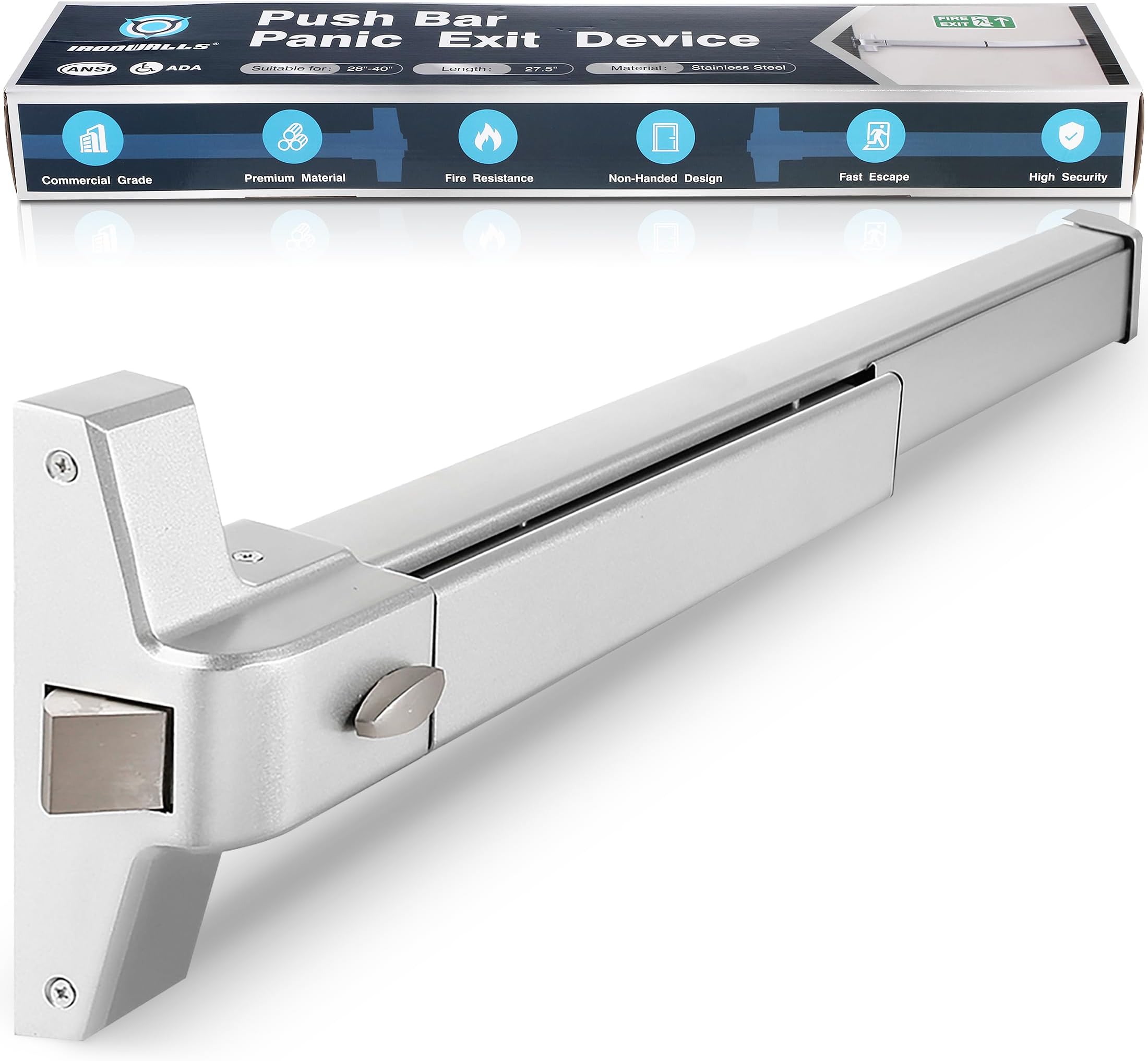 IRONWALLS Door Push Bar Emergency Panic Exit Device Door Hardware Stainless Steel Commercial for Wood Metal Door
