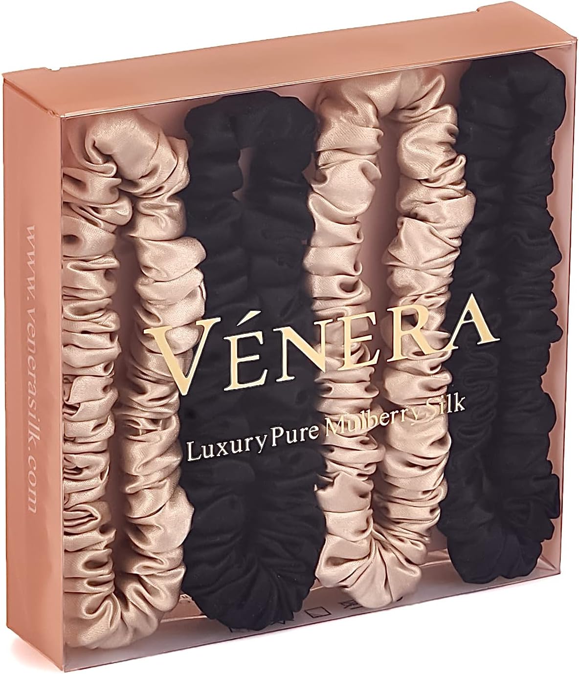 VÉNERA Silk 100% Pure Mulberry 22 Momme Skinny Mini Scrunchies 4 Pieces Silk Hair Ties Gentle on Hair - Oeko-Tex Certified - Luxury Silk Scrunchies for Women & Men (Caramel-Black)