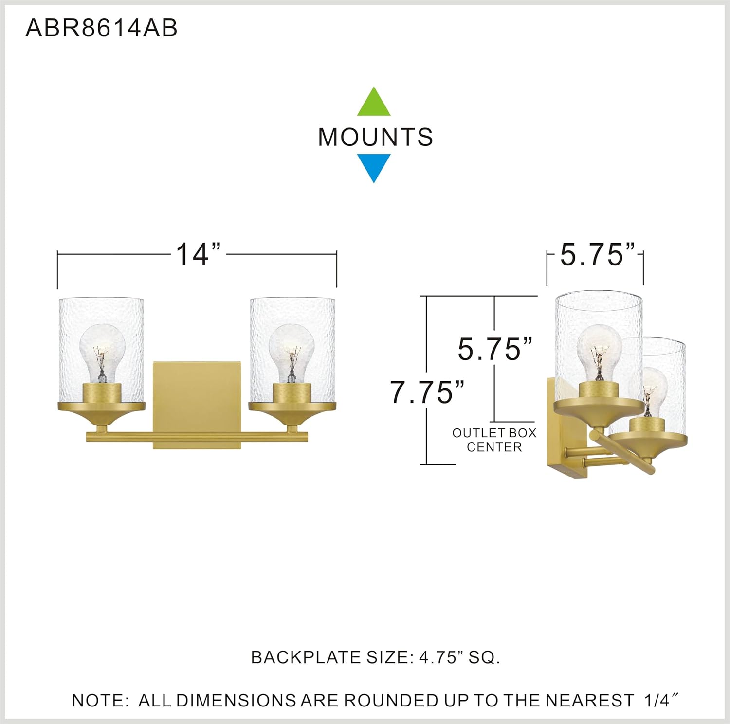 Quoizel Abner Bath Vanity Lights, 14 Inch, 2-Light Aged Brass Bathroom Lighting Fixtures Over Mirror, Clear Hammered Glass, Transitional Industrial Wall Mount Light for Bathroom