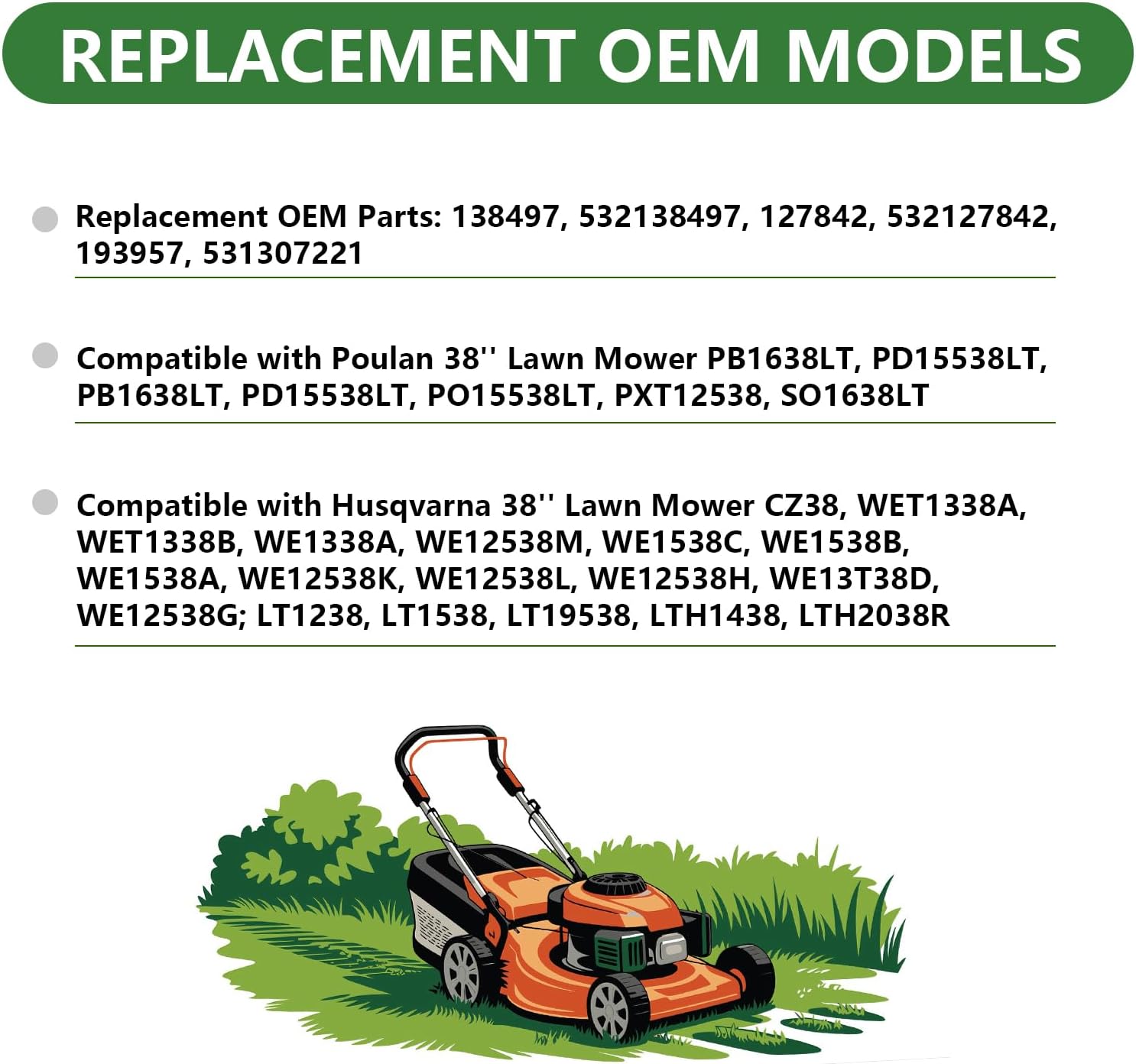 138497 532138497 Lawn Mower Blades Mulching High Lift Blades for Craftsman Lawnmower 38 inch Replacement for Husqvarna Poulan 532127842 127842 532193957 193957 CZ38 LT1238 2Pack