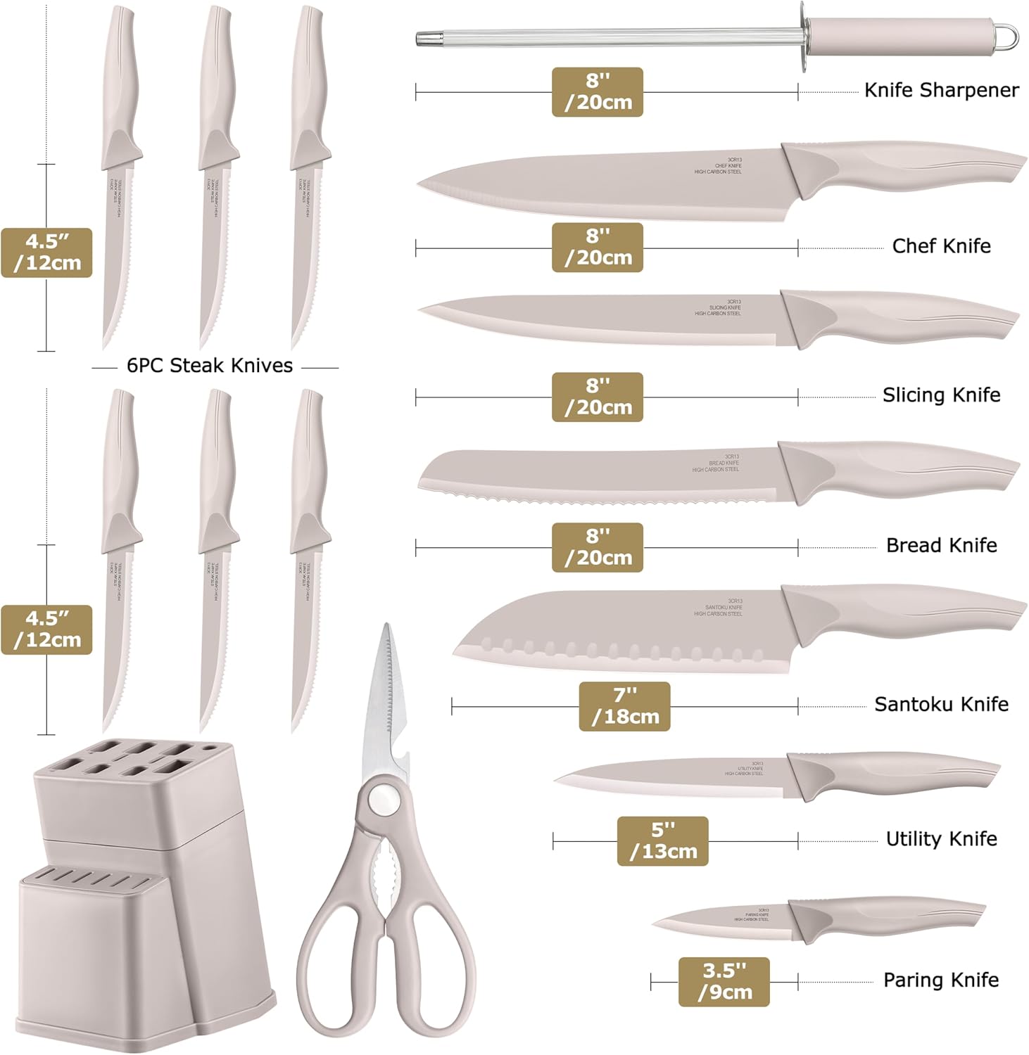 LIANYU Knife Block Set with Sharpener, 15PCS Kitchen Knife Set with Block, Razor Sharp Knives Set for Kitchen, High Carbon Stainless Steel Chef Knife Set, Anti- Rust Blade & Ergonomic Handle, Khaki - Image 2