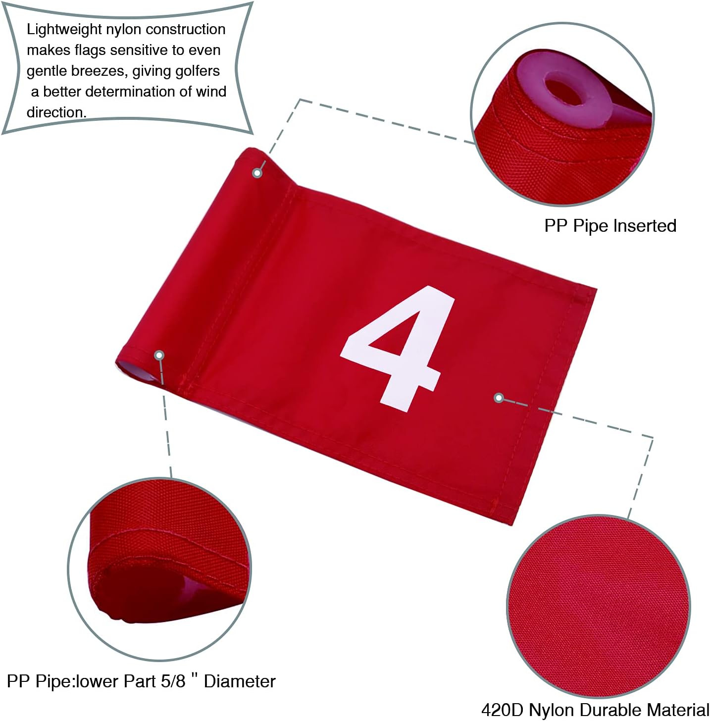 Numbered Solid Golf Flag with Tube Inserted,8” L x 6”H Mini Putting Green Flags for Yard Indoor Outdoor Backyard Garden, 420D Nylon Mini Pin Flags(Red Flags 4 Sets #1,2,3,4)
