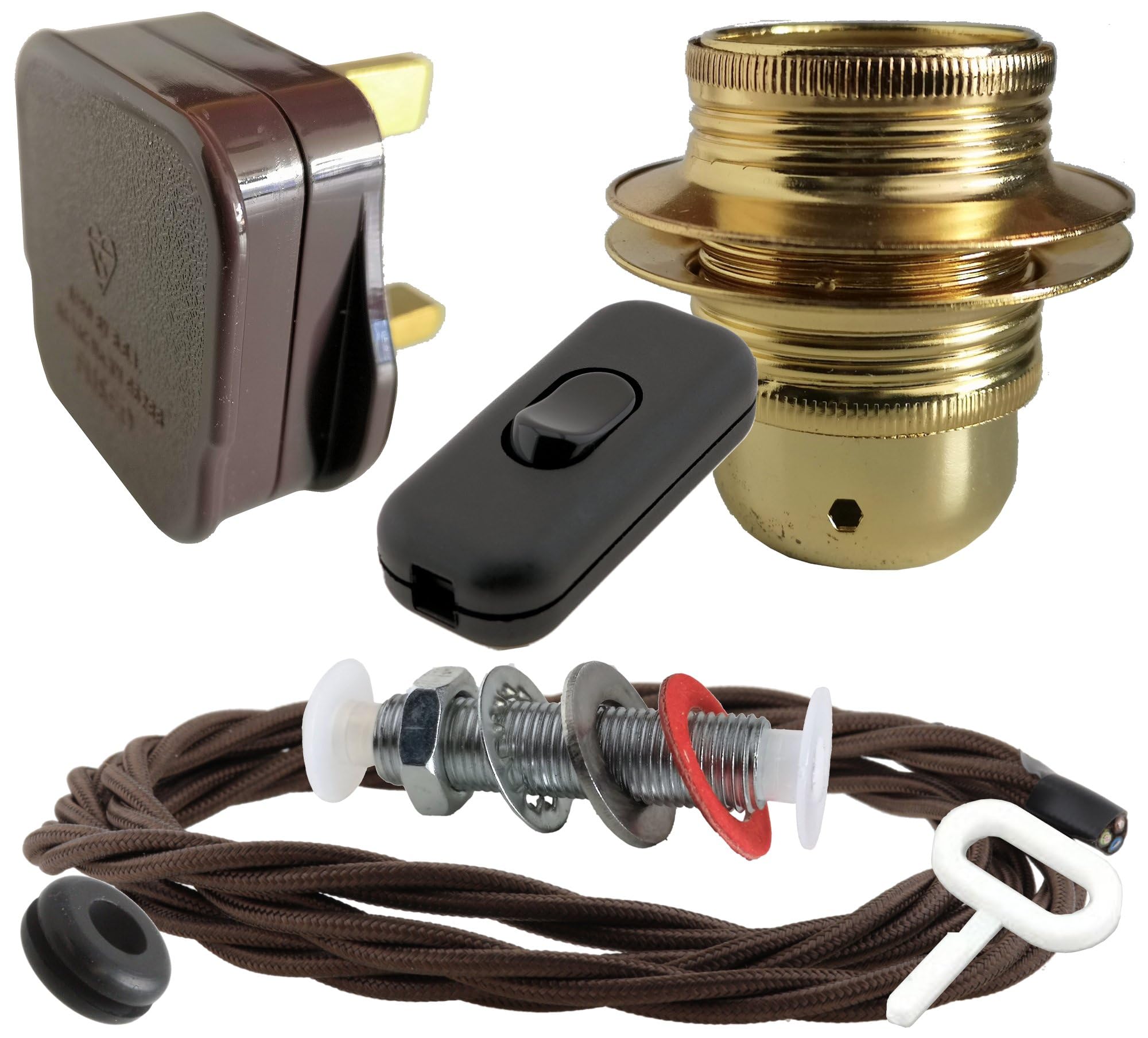 Art Deco Emporium Lamp Repair and Service Kit|Brown Plug|Brown Flex|Black Switch|E27 Brass Finish Lamp Holder Holder