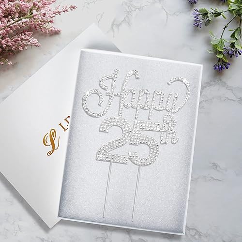 Miniatura 2 de LINGTEER Decoración para tartas con diamantes de imitación plateados para cumpleaños 25 de feliz cumpleaños 25 de 25 años, decoración para centros