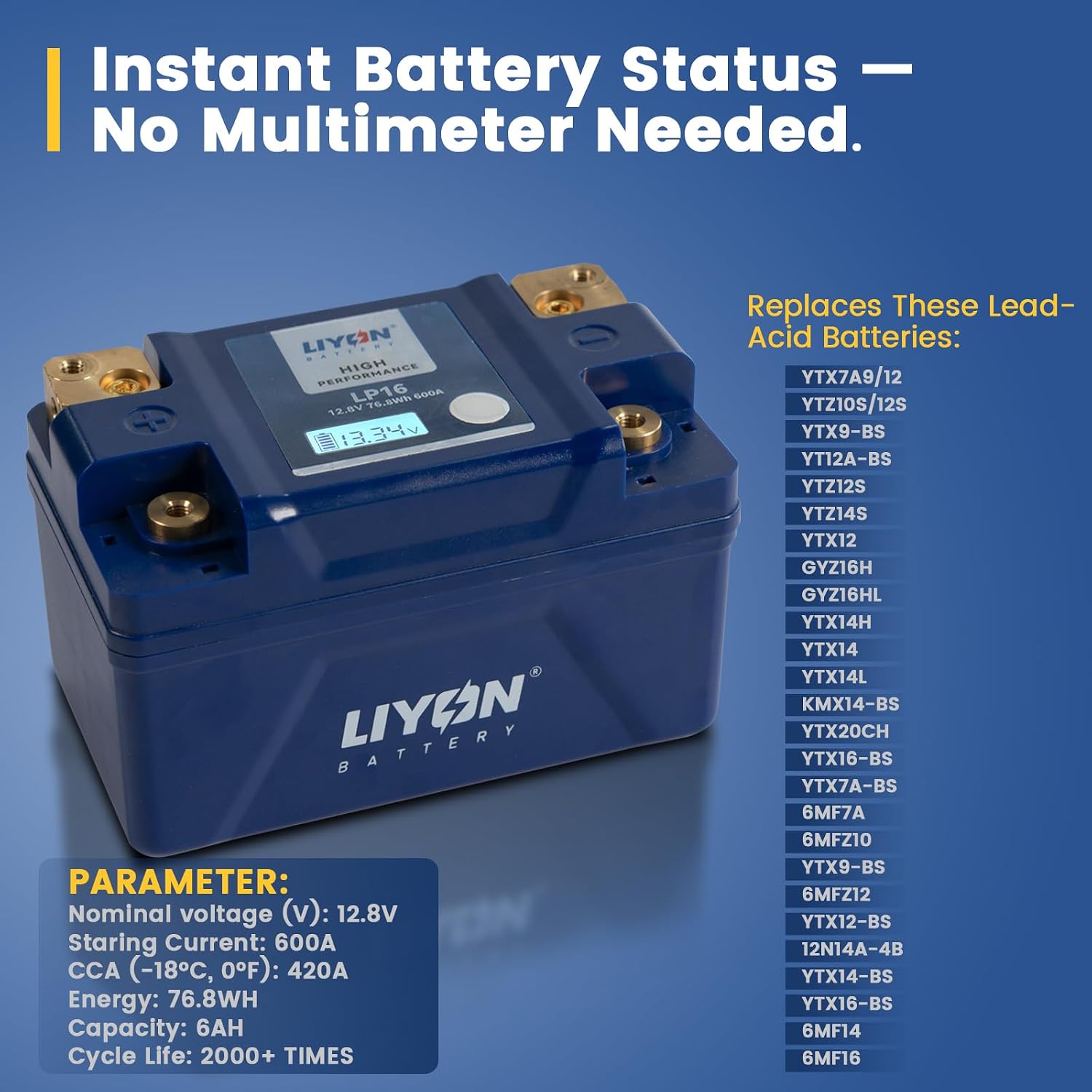 LIYON BLP16 Lifepo4 Lithium 12V 6Ah Powersports Starter Battery with Display Screen, Start Power 600A 420 CCA(-25°C) for Motorcycle 300-1200cc, ATV 400-800cc, UTV 300-1000cc, Generator 4kW - 8kW