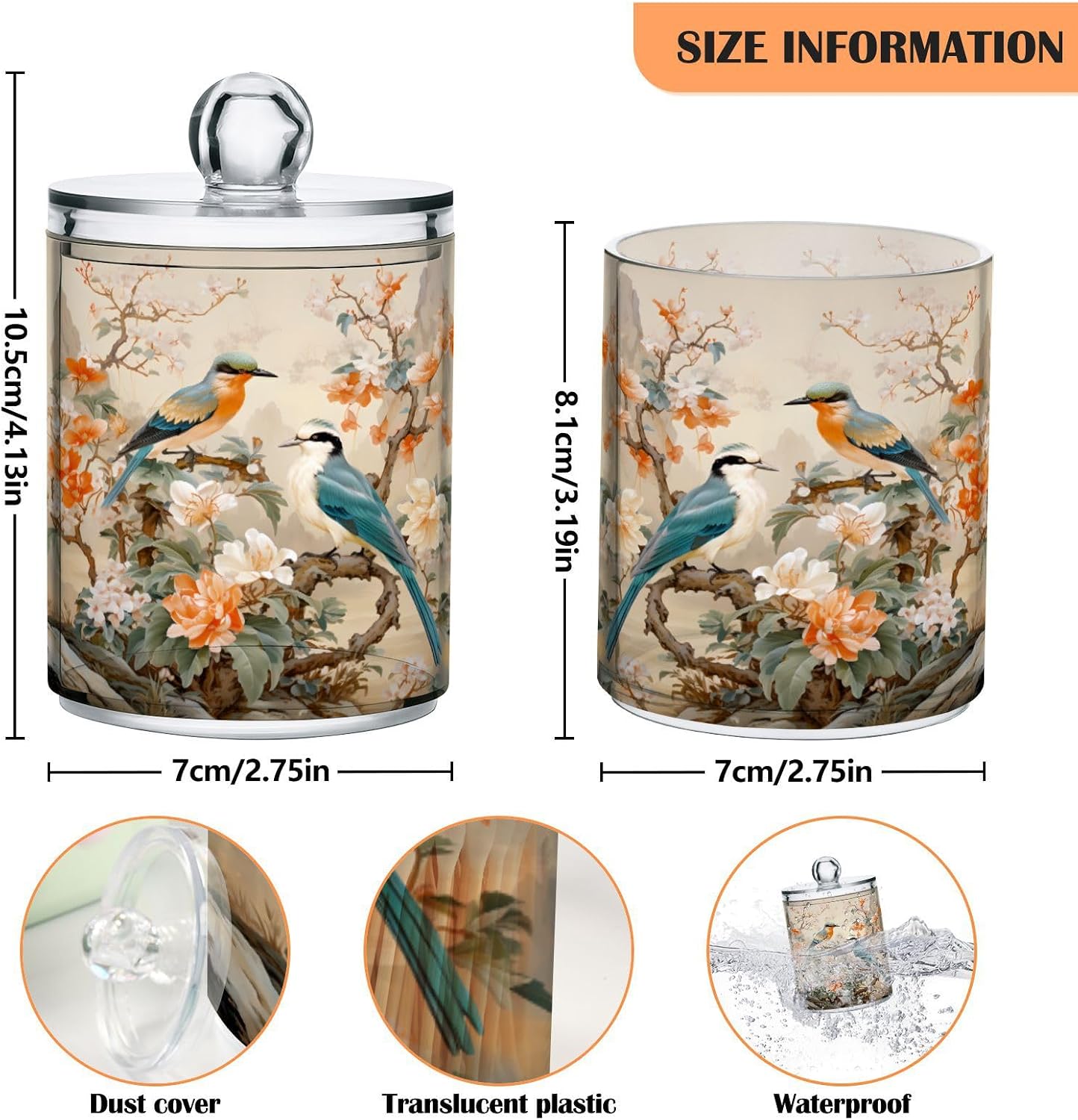 MNSRUU 4 Pack Qtip Holder Organizer Dispenser Flowers and Birds Pink Bathroom Storage Canister Cotton Ball Holder Bathroom Containers for Cotton Swabs/Pads/Floss