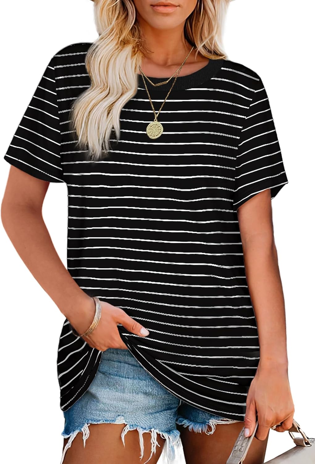 Jescakoo Womens Tops Summer Short Sleeve Ribbed Trim Crewneck T Shirts Spring Vacation Outfits Fashion Clothing Basic Tee