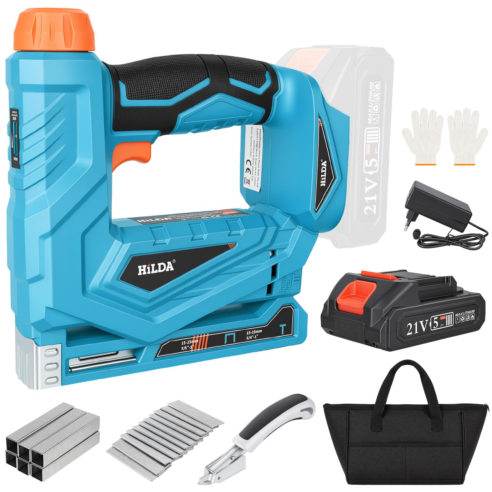 Agrafeuse/Cloueuse Electrique 2 en 1, 21V Cloueuse Sans Fil avec Batterie | Cloueuse Electrique Sans Fil avec 1000 Clous et 1000 Agrafes, 6 Profondeur Réglable pour Bois, Bricolage