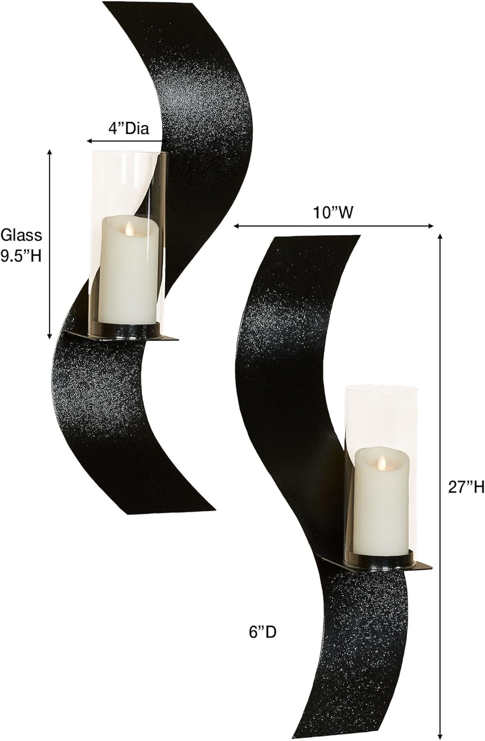 Touch of Class Rhythmic Wall Sconces Black Set of Two | Made of Metal | Hurricane Style Glass | Steel Sconce Candle Holder Pair for Contemporary Bedroom, Living Room, Bathroom, Hallway, Entryway