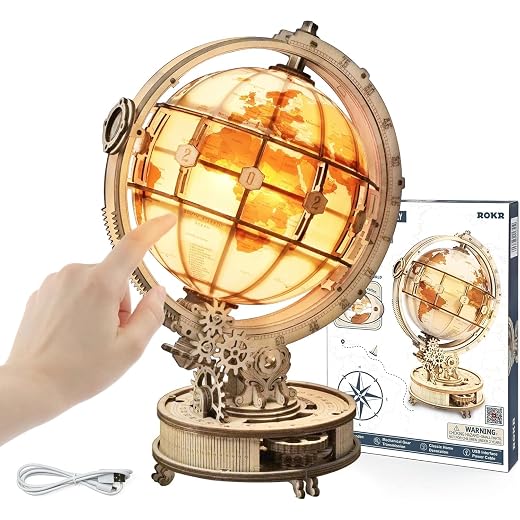 ROKR 3D Puzzle Holz Erwachsene, Holzpuzzle Modell Leuchtglobus Modellbau Bastelset Erwachsene mit LED Licht Weltkugel Bausatz Drehbar Luminous Globe Holzbausatz als Deko, Geschenk (180 Teilen)
