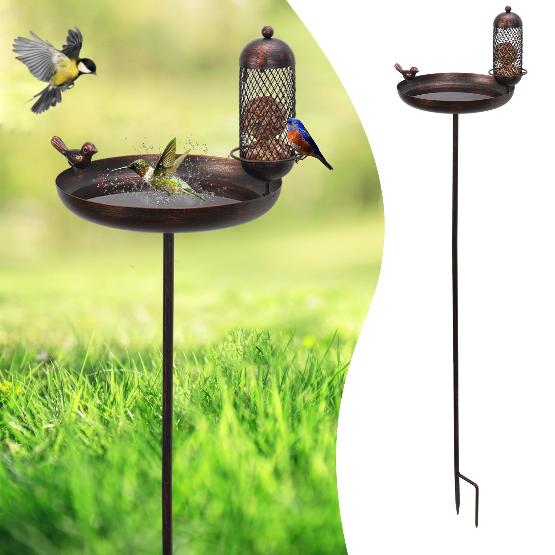 Vogeltränke mit vogelfutterspender, Vogelbad Vogelbecken∅25x122cm und Futterspender Futterschale Stehend,Groß Frostsicher Winterfest Wassertränke Futterstationen für Wildvögel