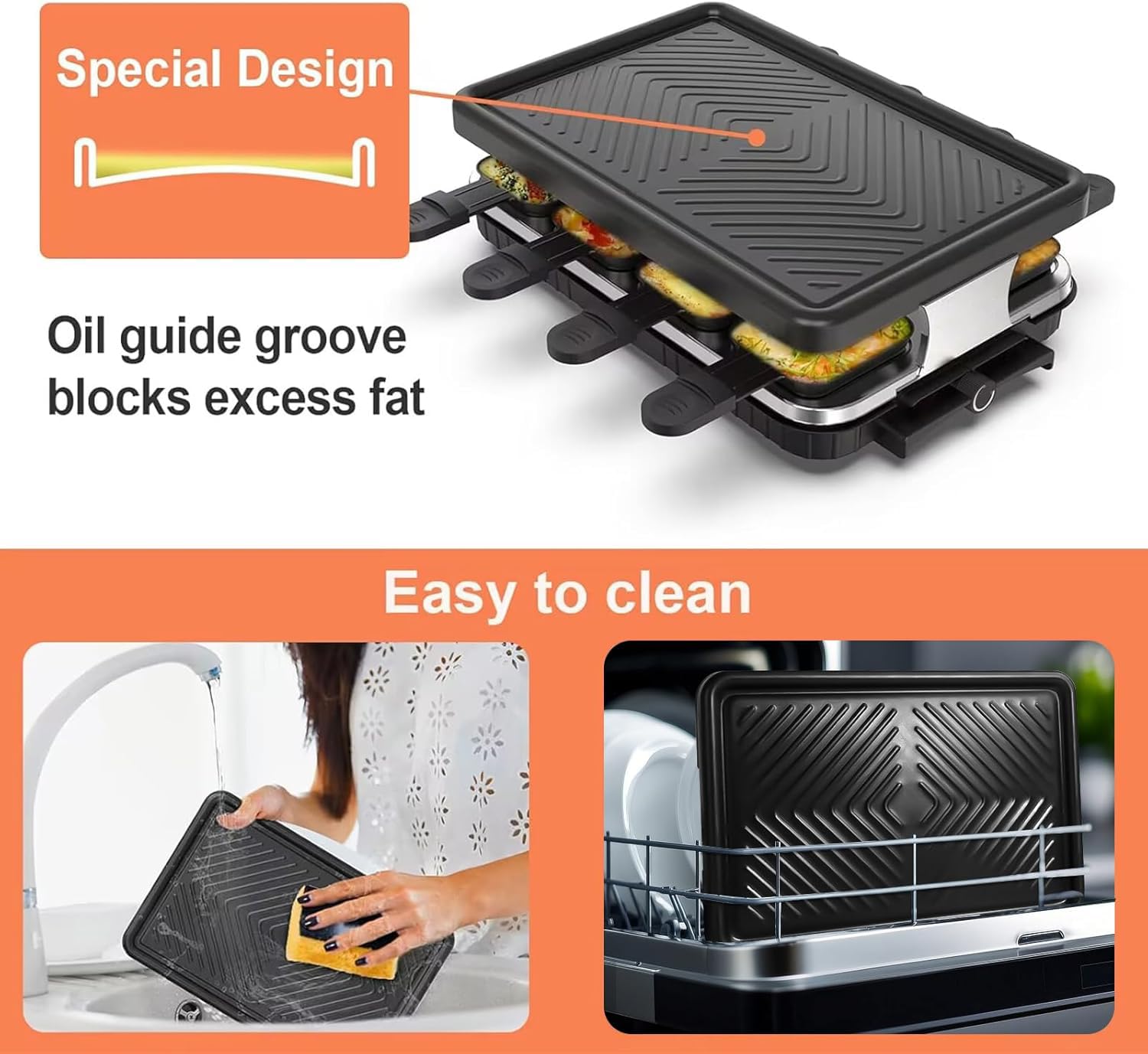 HengBO Griglia per raclette per 8 persone con 8 padellineantiaderenti, piastra grill regolabile senza scatti, elettrica, 1300W, in acciaio inossidabile, nero