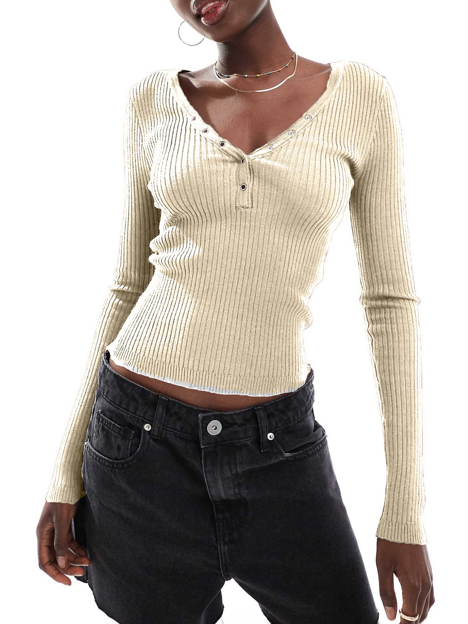 Women's Long Sleeve Knit Shirts Button V Neck Slim Fit Ribbed Trendy Basic T Shirt Y2K Teen Knit Henley Shirts (A-Milky White, L)