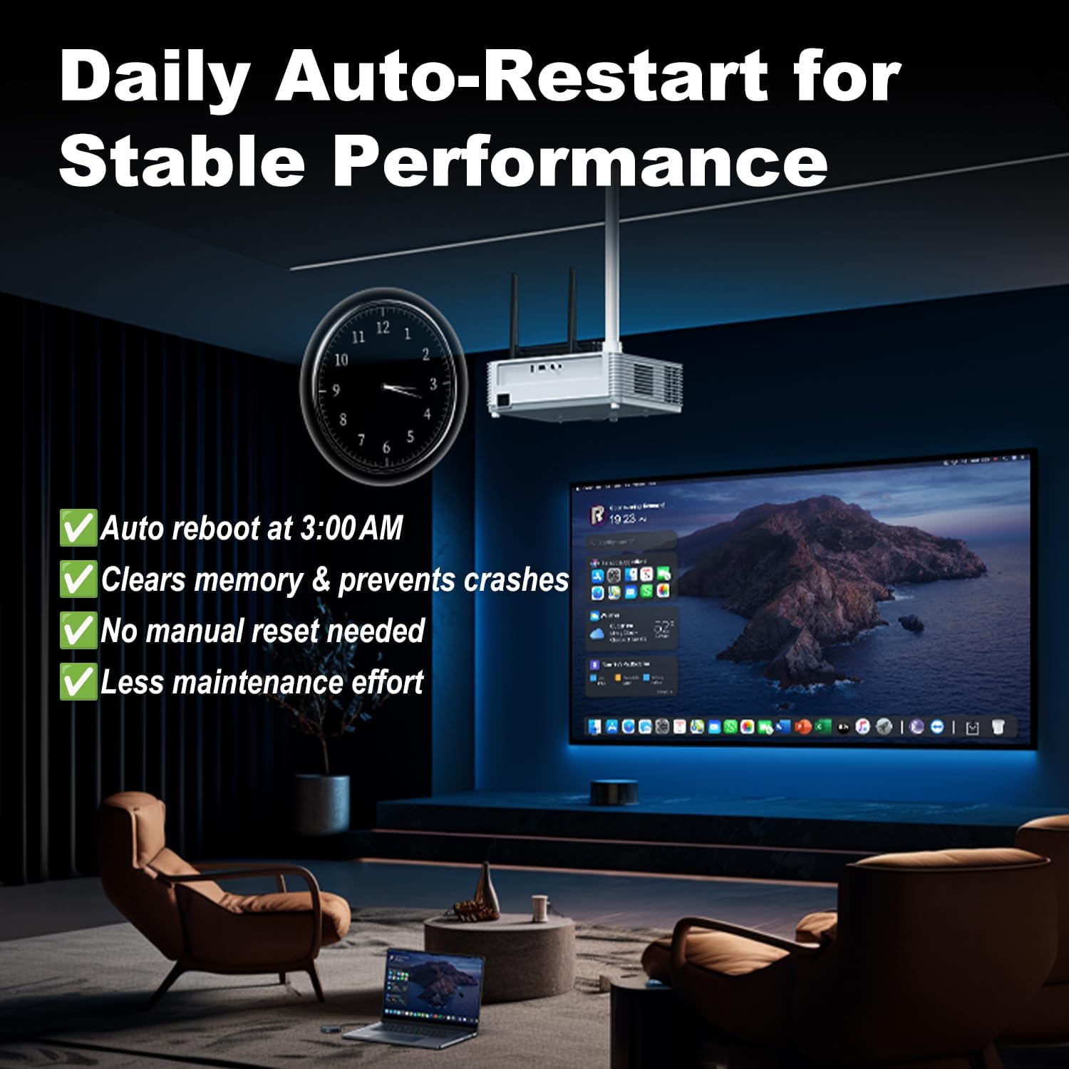 Image showing a living room setup with the receiver and a clock indicating 3 AM, highlighting the auto-restart feature.